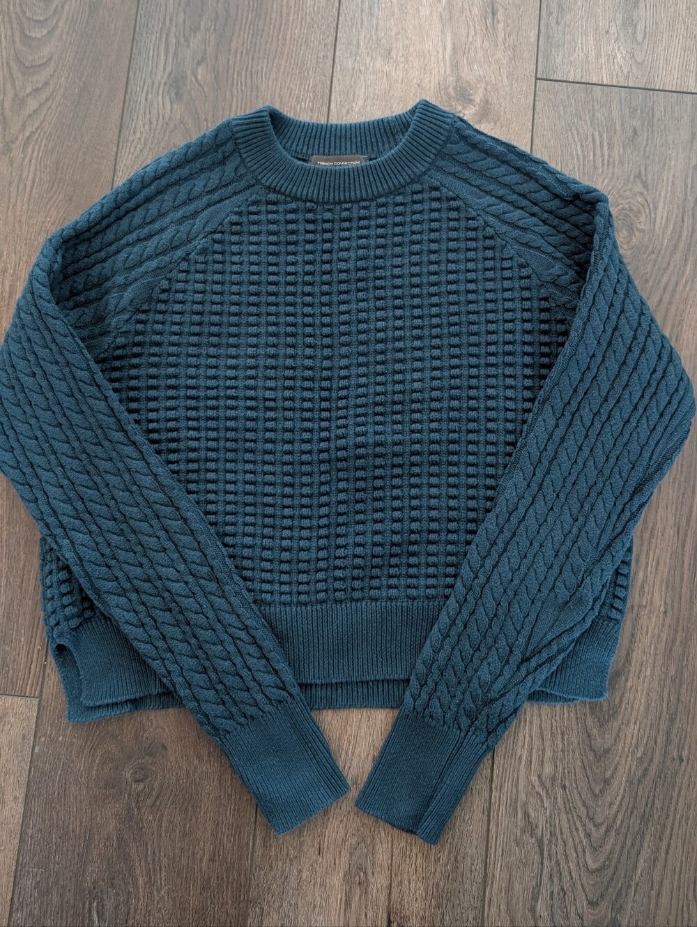 French Connection Cable Knit Crewneck Sweater In Dark Teal